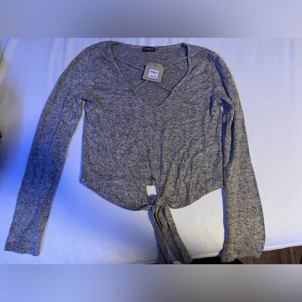 Gray Long Sleeve Tie-Front Top